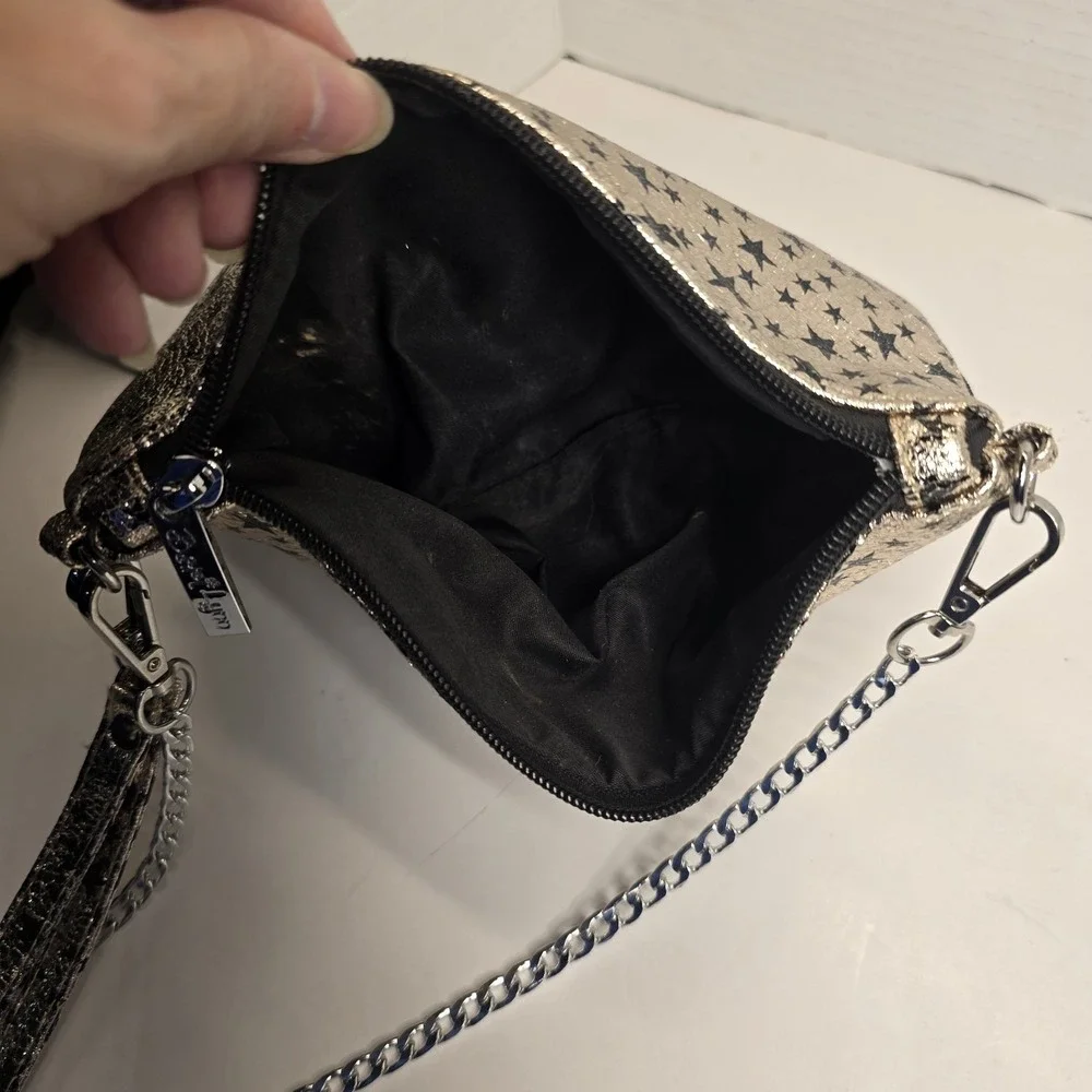 Bari‎ Lynn Gold Black Star Print Chain Strap Wristlet Clutch Handbag